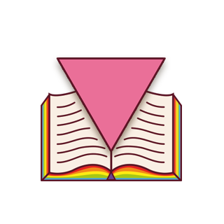 The Queerish Bookshop Logo - A pink downward facing triangle comes out of an open book with rainbow pages.
