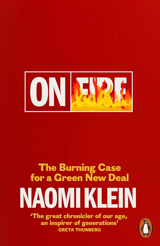 The red book cover for On Fire has the title written in bold white text, with the word "fire" covered in flames.