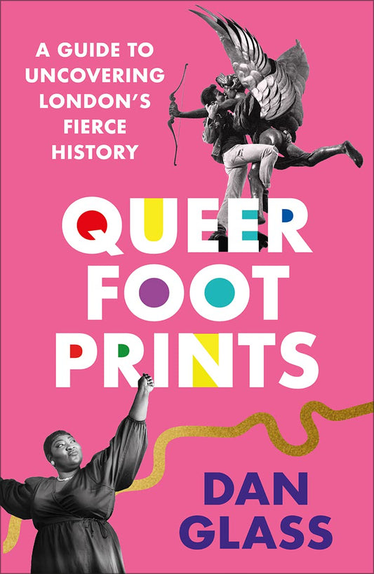 The pink book cover for Queer Footprints has the title in white at its centre, a black and white image of a black lady in the bottom left corner, and in the top right corner a black and white image of a black man kissing a cupid statue. 