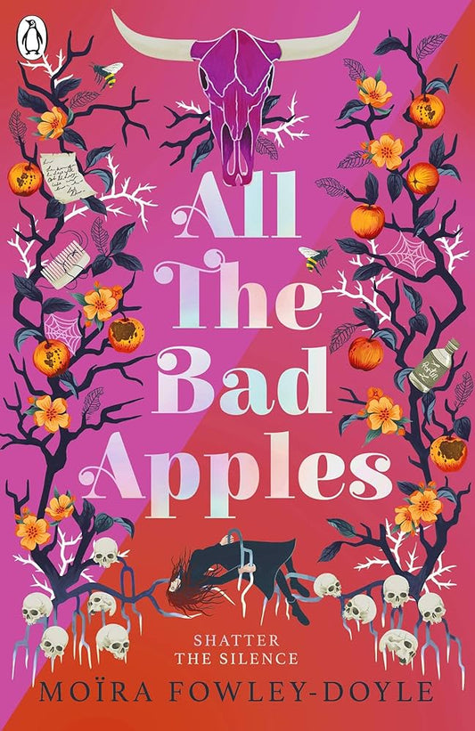 A bull skull sits atop the title All the Bad Apples. Under the title is a lady with red hair and a black dress floating on her back. Coming from her are branches that extend to the top of the book cover.