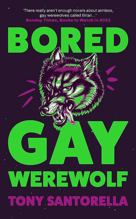 A hardback book with green text reading "Bored Gay Werewolf" with an illustrated werewolf in the centre.