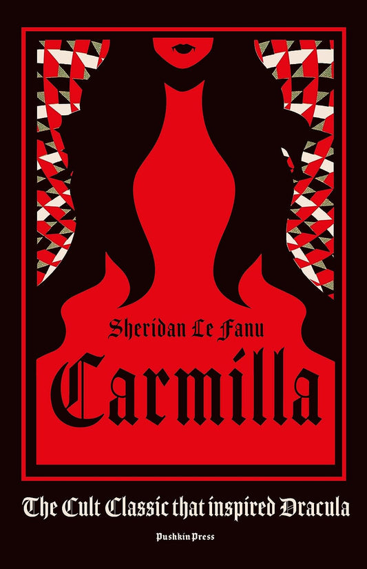 Black negative space is used on a red background to create a woman with black hair and blood dripping from her fangs. The title "Carmilla" sits at the base.