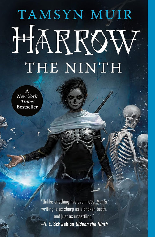 The necromancer, Harrow, wears all black with bones covering her chest. A sword is strapped on her back and behind her are walking skeletons.