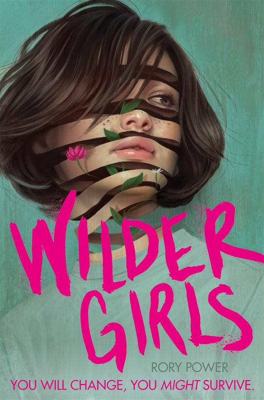 A white teenage girl with short black hair looks off into the distance. Her face is sliced up by a spiral going all the way down to her neck. Leaves and flowers come through the gaps in her face. Bold pink text in the lower centre reads "Wilder Girls".