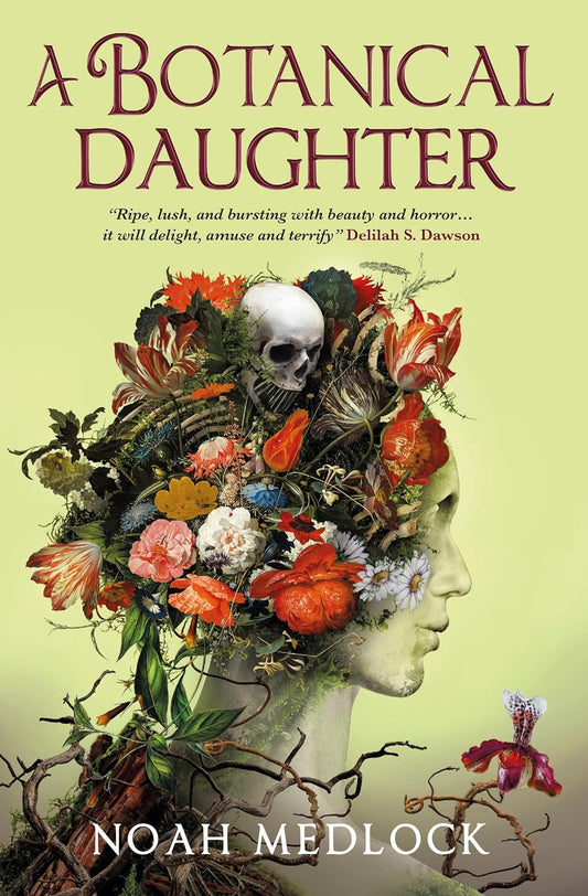 The book cover for A Botanical Daughter has the side profile of a woman's face with the crown of her head covered in plants.