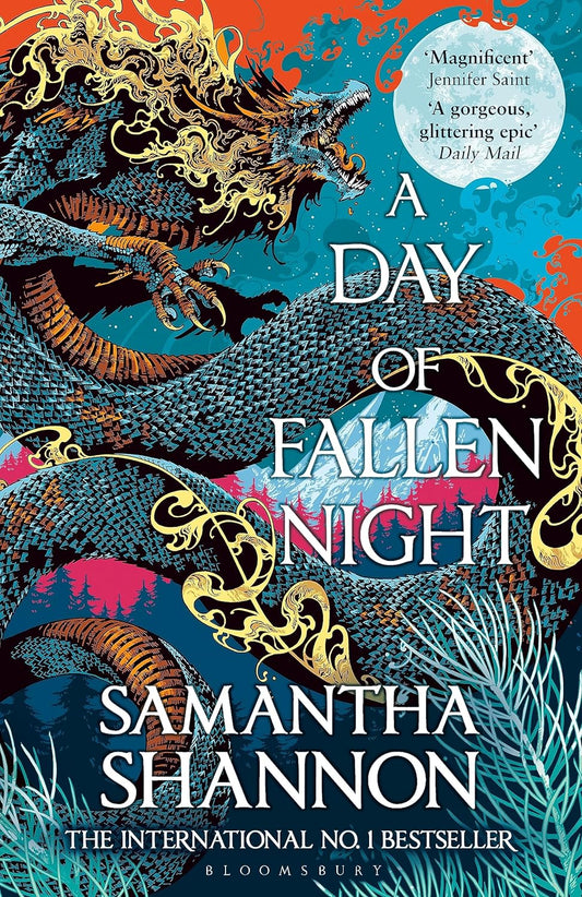 The book cover for A Day of Fallen Night shows a water dragon flying in the air in the light of a full moon.