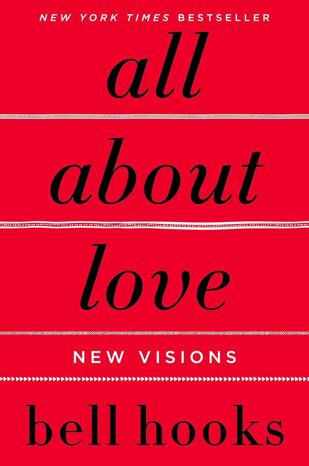 The book cover for All About Love is bright red with the title and author's name in black text, creating a striking contrast.