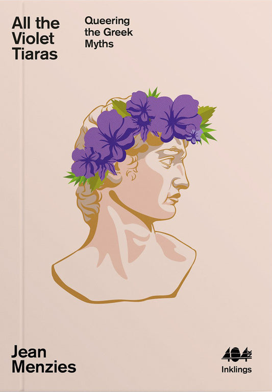 The book cover for All the Violet Tiaras has a bust of the statue of David wearing a violet flower crown.