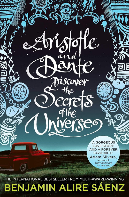 A red truck sits in the dessert at night. Blue doodles are drawn on the image - a sugar skull, a cross, a book, among other images. The title for the novel sits in the centre.