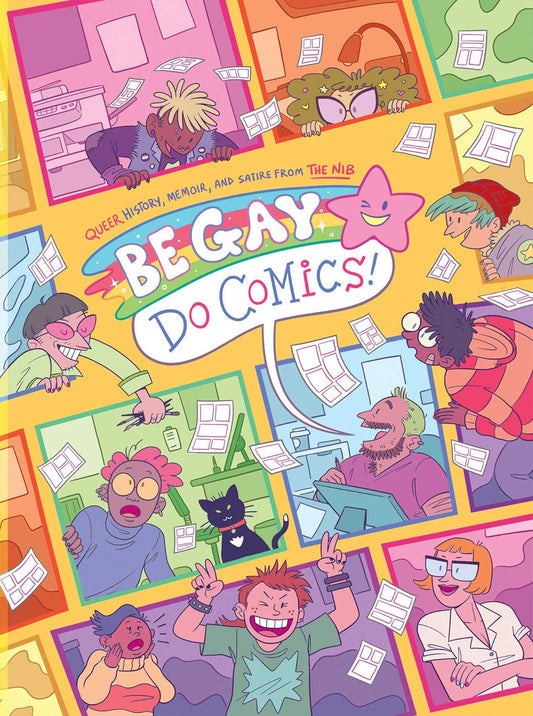 The yellow book cover for Be Gay, Do Comics has multiple multi-coloured panels with different characters illustrated inside of them, all with their own unique stories.