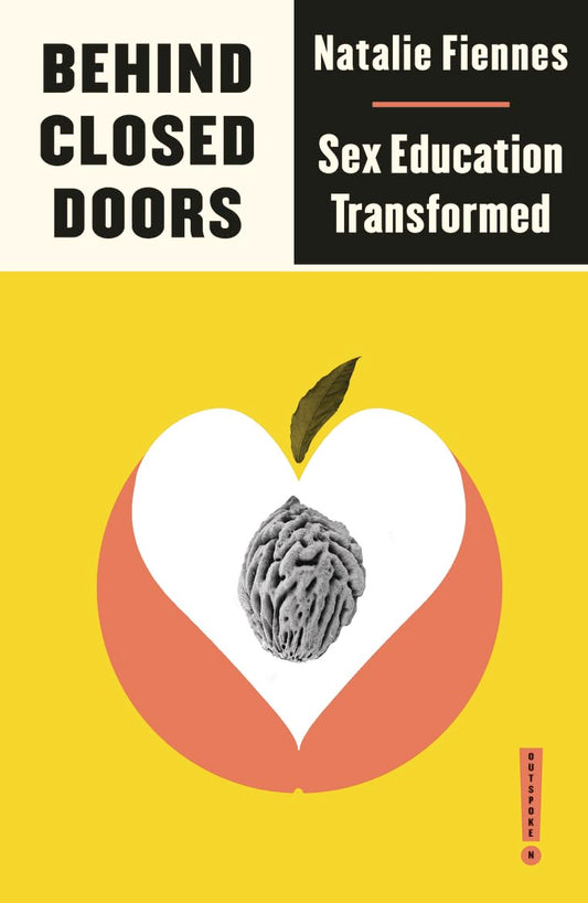 The yellow book cover for Behind Closed Doors has the illustration of a peach that has been opened to reveal the pit inside. The opening of the peach is in the shape of a heart.