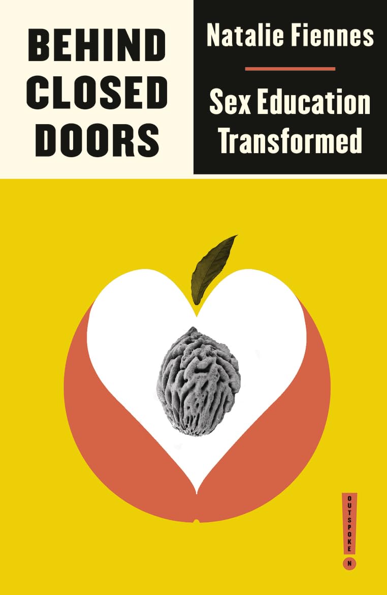 The yellow book cover for Behind Closed Doors has the illustration of a peach that has been opened to reveal the pit inside. The opening of the peach is in the shape of a heart.