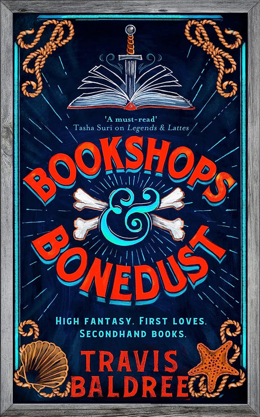 The dark blue book cover for Bookshops & Bonedust shows the title written with a pair of crossbones intersecting with the ampersand. Above the title is an open book with a sword driven through the centre.