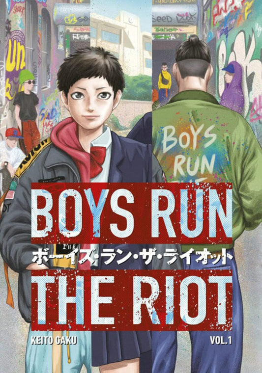 The book cover for Boys Run the Riot shows two Japanese teenage boys, one facing us the other facing away. The clothes on teenager facing us, Ryuu, are half his comfortable clothes, and half his school uniform (skirt and blazer).