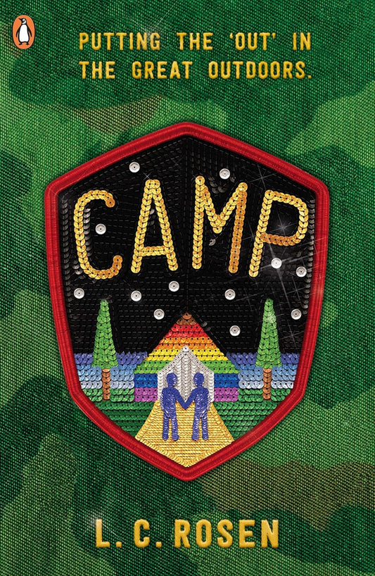 The book cover for Camp shows an embroidered patch with a rainbow tent and two blue figures holding hands. Yellow text reads "Putting the 'out' in the great outdoors."