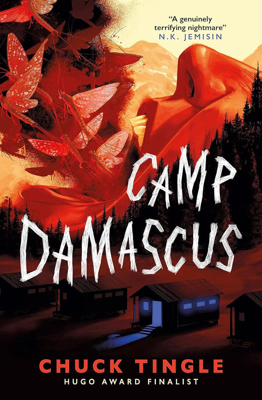 The book cover for Camp Damascus shows a set of cabins in an eerie wood. Above the trees is an open human mouth with flies coming out in a swarm.