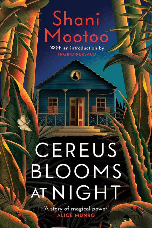The book cover for Cereus Blooms at Night shows a blue house with the door slightly ajar. Through the circular window at the top, we can see the silhouette of a lady looking out.