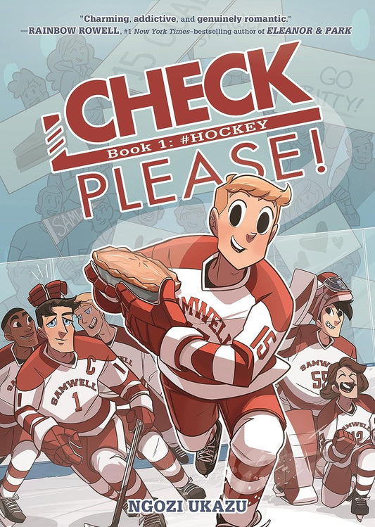 The book cover for Check, Please Book 1: #Hockey shows a hockey team on the ice, with the character at the front holding a baked pie.