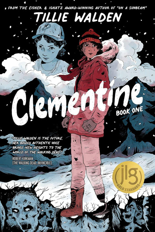 The book cover for Clementine Volume 1 shows a young girl dressed in red stood in a wintery landscape. At the base of the cover is a crowd of zombies.