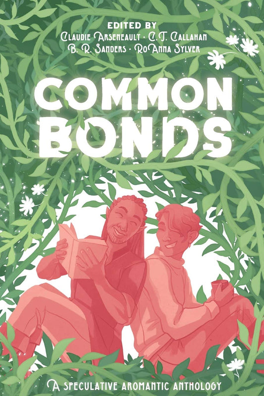 The book cover for Common Bonds shows two friends laughing at a book surrounded by vines. 