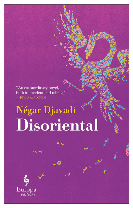 The purple book cover for Disoriental has a bird made from colourful circles and lines with its wings wide open. 