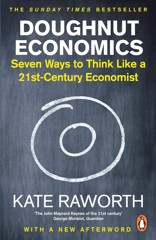 The book cover for Doughnut Economics has a chalkboard with a doughnut drawn in white. The title and author name are written in white/yellow text.