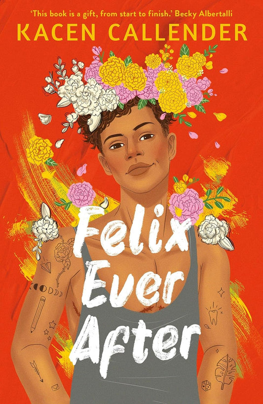 The red book cover for Felix Ever After shows a black trans teenager wearing a grey tank top and a flower crown.