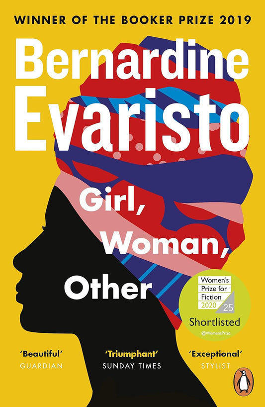The book cover for Girl, Woman, Other shows the profile of a black woman wearing a head wrap.