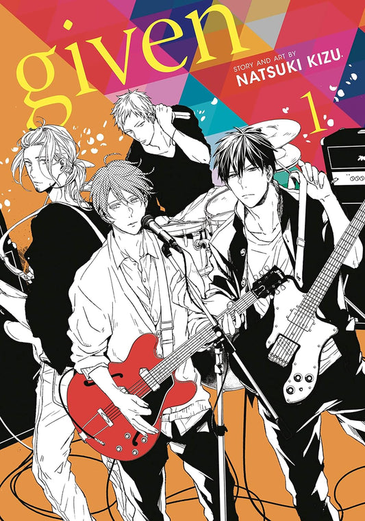 The book cover for Given Volume 1 shows four Japanese men on a stage each holding a different instrument.