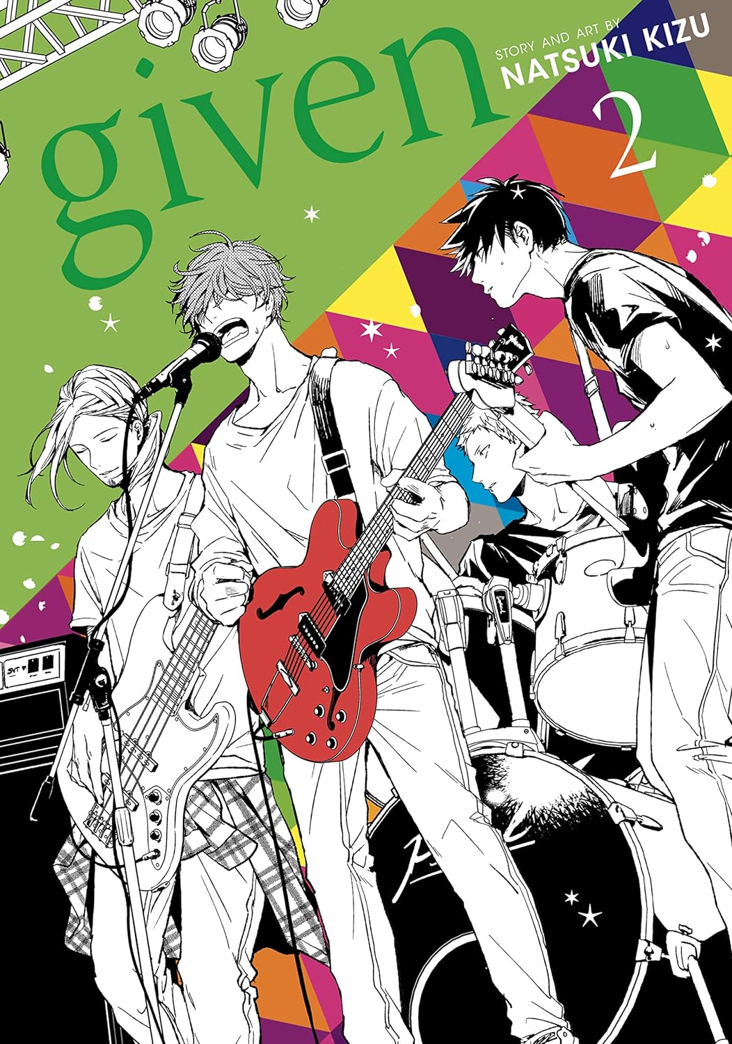 The book cover for Given Volume 2 shows four Japanese men passionately performing music on a stage.
