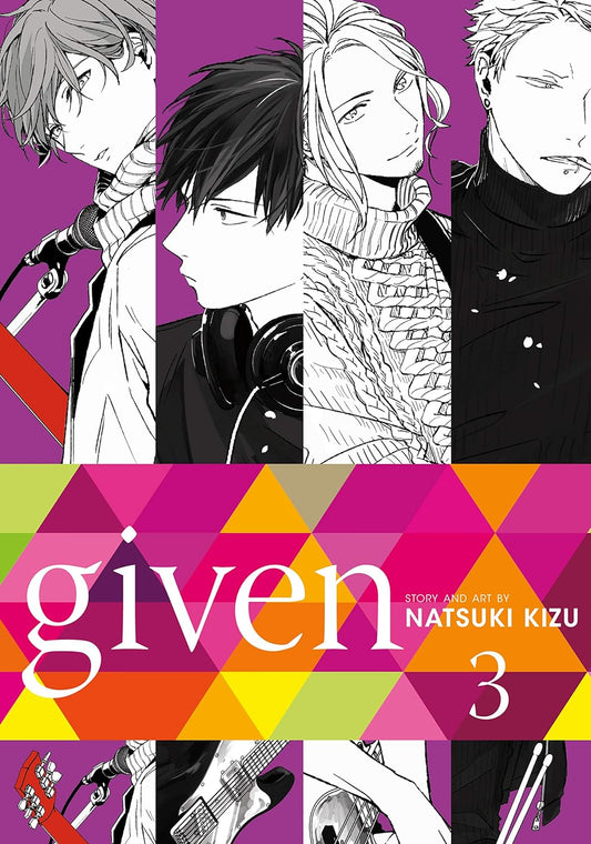 The book cover for Given Volume 3 has the cover split into 4 vertical panels, with each panel showing one member of the band.