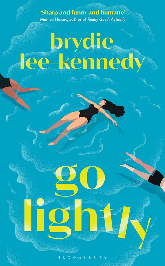 The book cover for Go Lightly has an illustration of a white lady with long black hair and wearing a black bathing suit floating in bright blue water. Two people are swimming away from her on either side, and we can only see their legs - one pair are brown with the bottom of a black swimsuit showing, the other a pair of white legs with black trunks. The title is in yellow text with the final few letters of the word "lightly" floating to the bottom of the water.