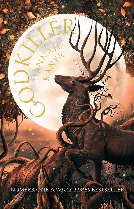 The Godkiller book cover has a mule deer surrounded by forest trees with the full moon shining behind it.