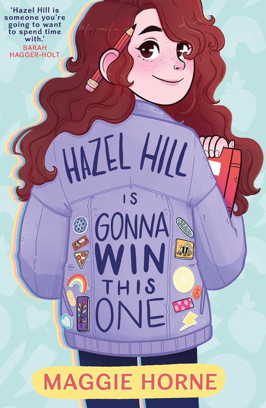 The book cover for Hazel Hill is Gonna Win This One shows a young white girl in a purple jacket and jeans looking at us over her shoulder while holding a red notebook. A red pencil sits beside her ear and red wavy hair flows down her back.