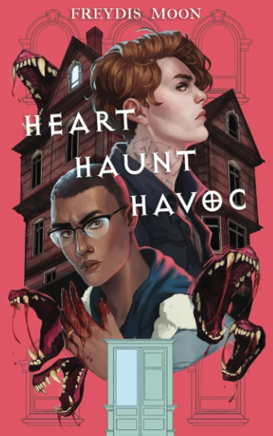 The book cover for Heart Haunt Havoc shows a white man and black man in front of a spooky house with multiple creatures baring their fangs.