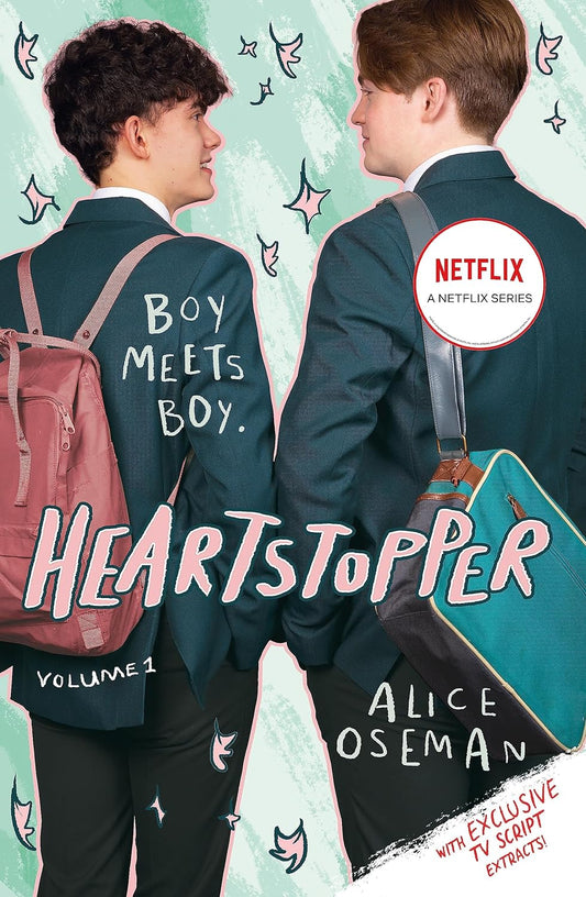 The book cover for Heartstopper Volume 1 shows two white teenage boys in a school uniform stood side by side smiling at one another.