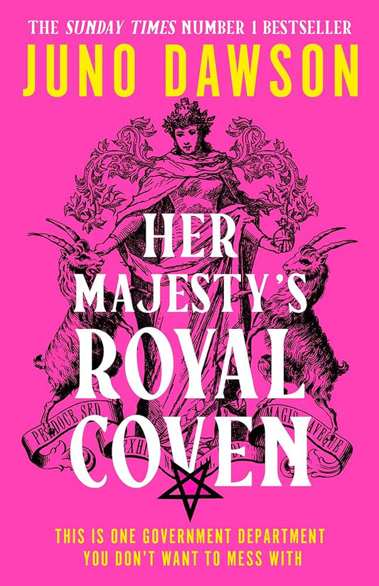 A witch stands in the centre with her arms out, two alpine goats stand beside her, and a pentagram sits at her feet. The white title overlays the witch - Her Majesty's Royal Coven.