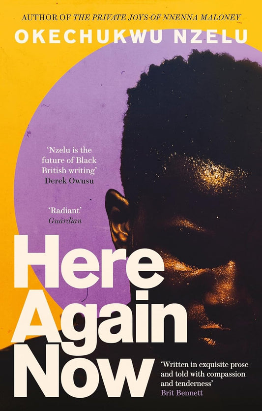 The book cover for Here Again Now shows the portrait of a black man with short black hair, his gaze downcast. Behind him is a purple circle on the yellow background.