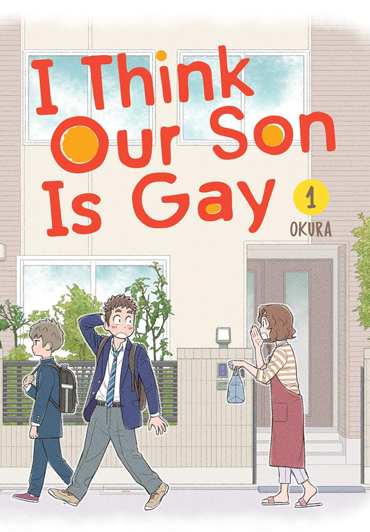 The book cover for I Think Our Son is Gay shows a mother calling after her son who has forgotten his lunch.