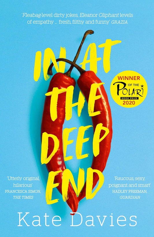 The blue book cover for In at the Deep End has two hot red chilli peppers laid together.