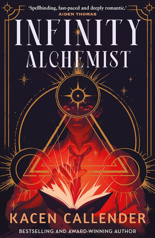 The book cover for Infinity Alchemist shows a young schoolboy holding an open book with magic glowing from his hands. Around him is an alchemist symbol made of circles and triangles.