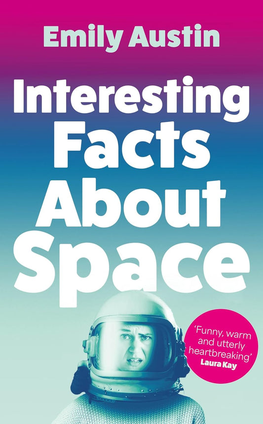 The book cover for Interesting Facts About Space has a woman in a spacesuit, looking confused. The background colour is a gradient from pink, to dark blue, to light blue.