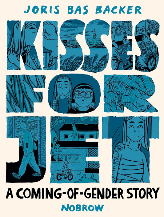 The white book cover for Kisses for Jet shows illustrations of the story in the blue letters of the title - Jet kissing someone, Jet biking around the town, Jet binding using tape.