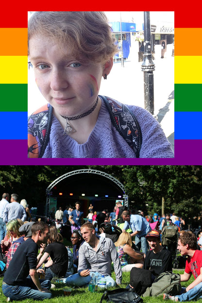 A selfie of Megan Hemsley when she was 16 years old and had just attended Darlington Pride in 2015, her first pride. Beneath is a picture taken of the Pride event in Stanhope Park.