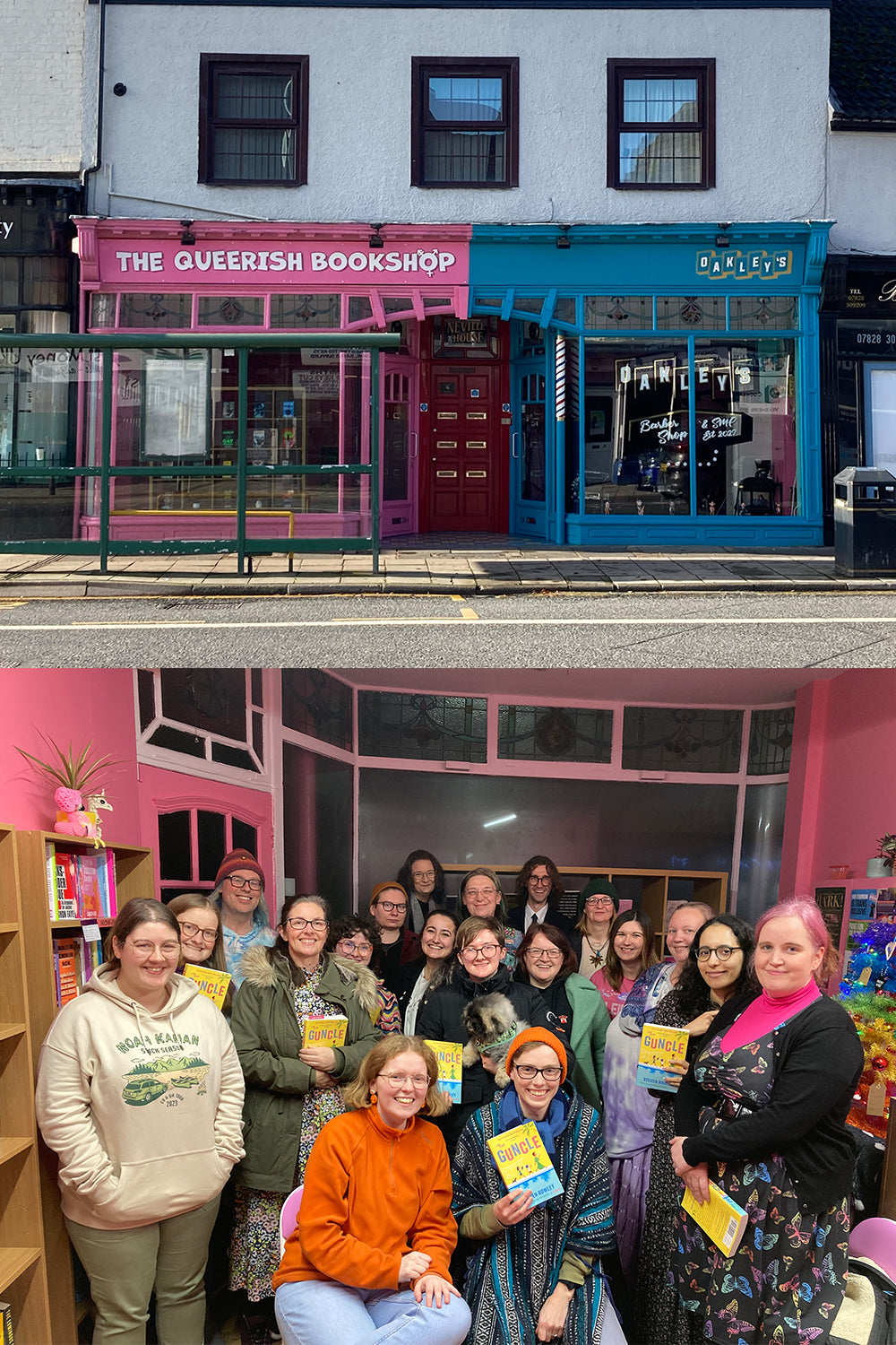 The exterior of The Queerish Bookshop in its bright pink glory. An image beneath shows the Queerish Book Club which is made up of a group of diverse queer people and allies who are all smiling at the camera. 