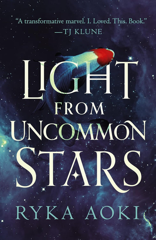 The book cover for Light from Uncommon Stars shows a Koi fish swimming in a cloudy night sky.