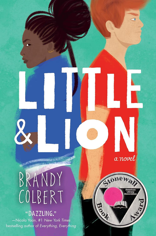 The book cover for Little & Lion has a black teen girl and a white teen boy standing with their backs to each other. Both of them appear angry.