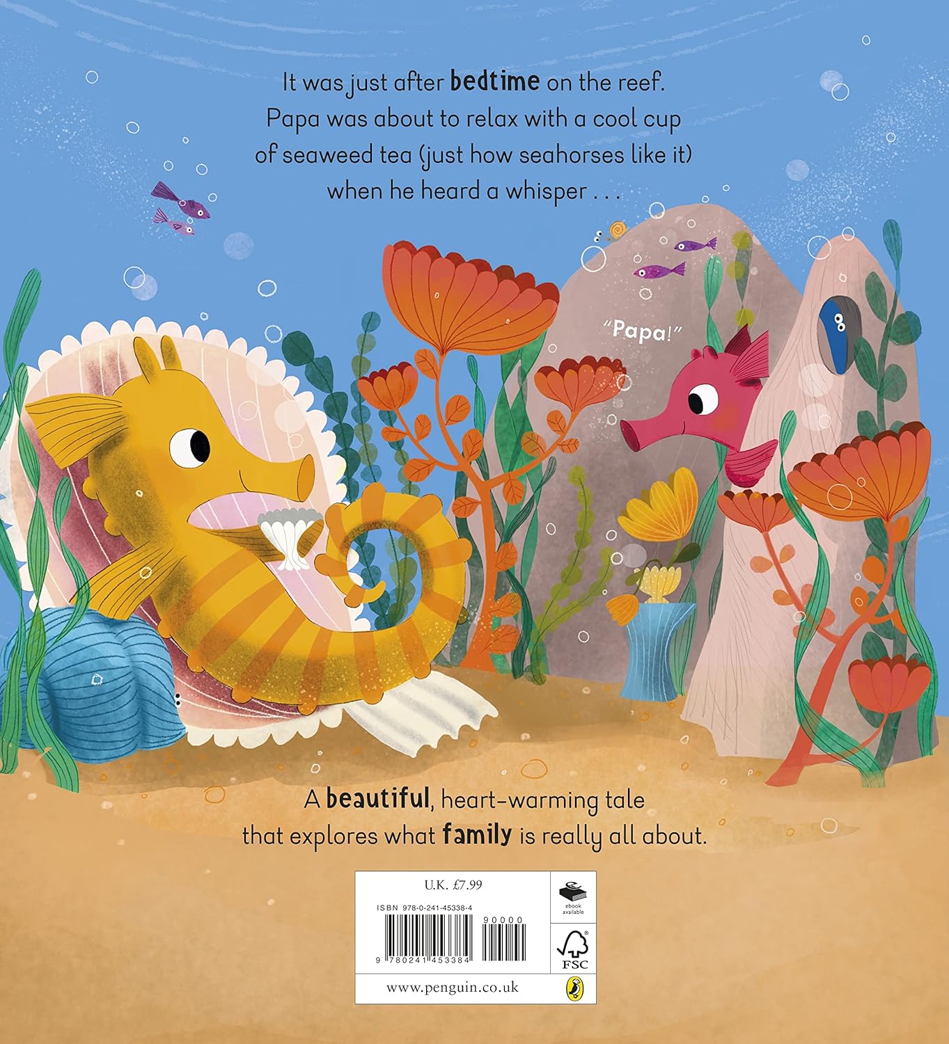 The back cover for Little Seahorse and the Big Question shows a papa sea horse and baby seahorse under the sea in their home.
