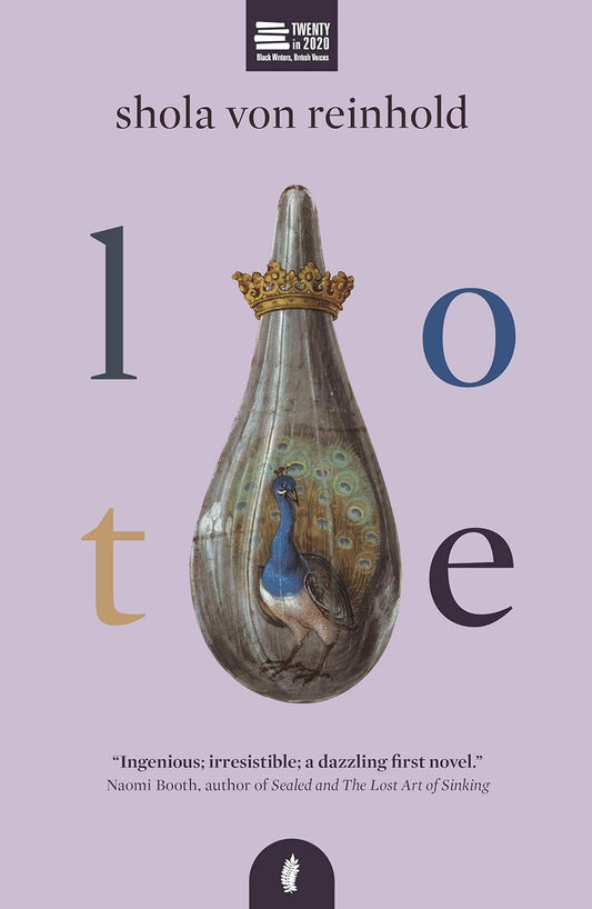The light purple book cover for Lote shows a peacock trapped inside a grey tear drop. A crown rests at the head of the drop.