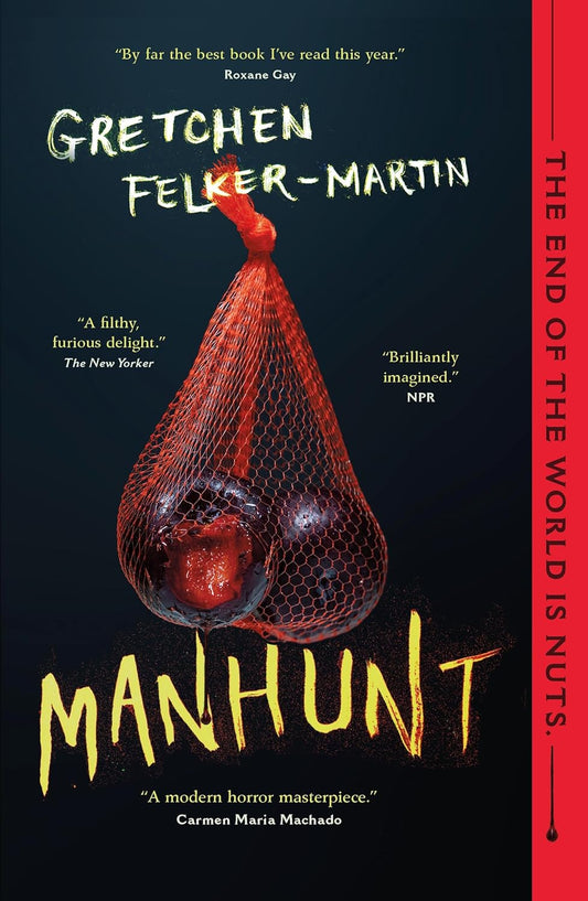 The black book cover for Manhunt shows a pair of plums in a red net bag.